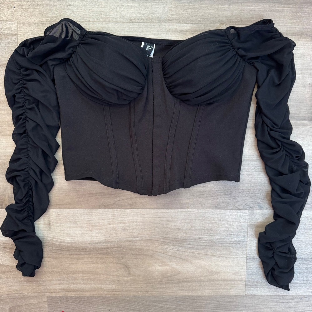 Windsor Black Mesh Ruched Sleeve Corset Top Off Shoulder PT3923S Size M NWT